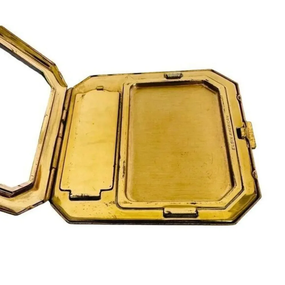 Vintage Elgin‎ American Embroidery Brass Compact Pink Floral 2.5